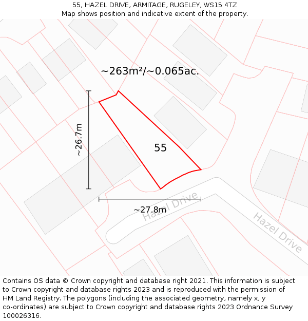 55, HAZEL DRIVE, ARMITAGE, RUGELEY, WS15 4TZ: Plot and title map