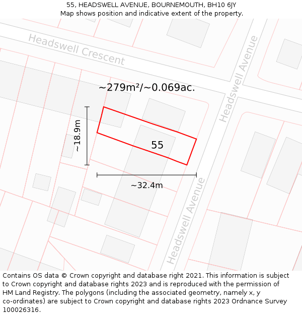 55, HEADSWELL AVENUE, BOURNEMOUTH, BH10 6JY: Plot and title map