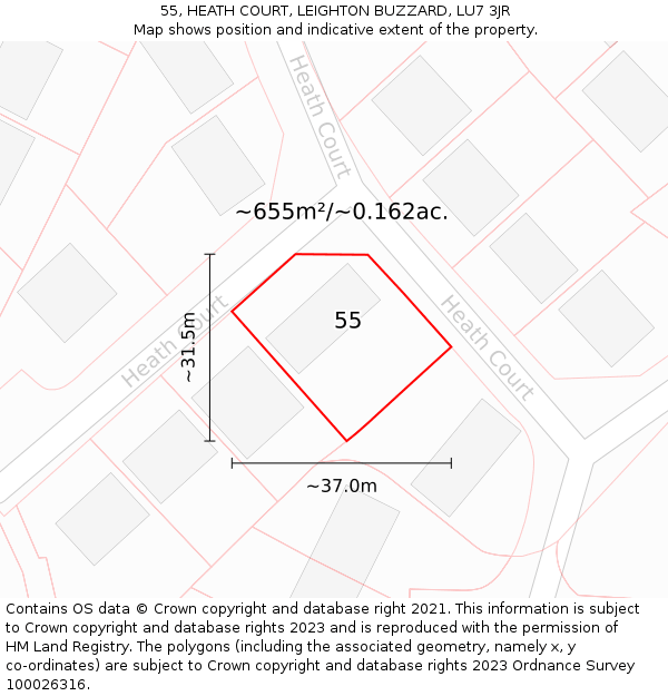 55, HEATH COURT, LEIGHTON BUZZARD, LU7 3JR: Plot and title map