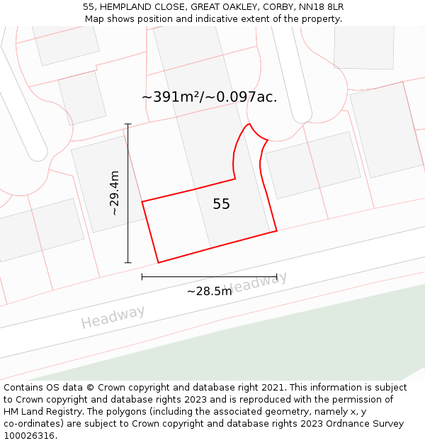 55, HEMPLAND CLOSE, GREAT OAKLEY, CORBY, NN18 8LR: Plot and title map