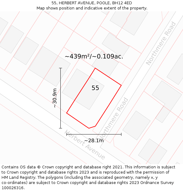 55, HERBERT AVENUE, POOLE, BH12 4ED: Plot and title map