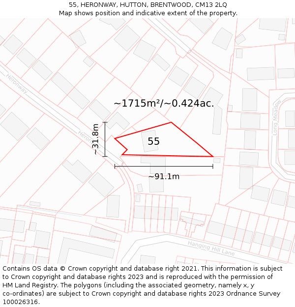 55, HERONWAY, HUTTON, BRENTWOOD, CM13 2LQ: Plot and title map