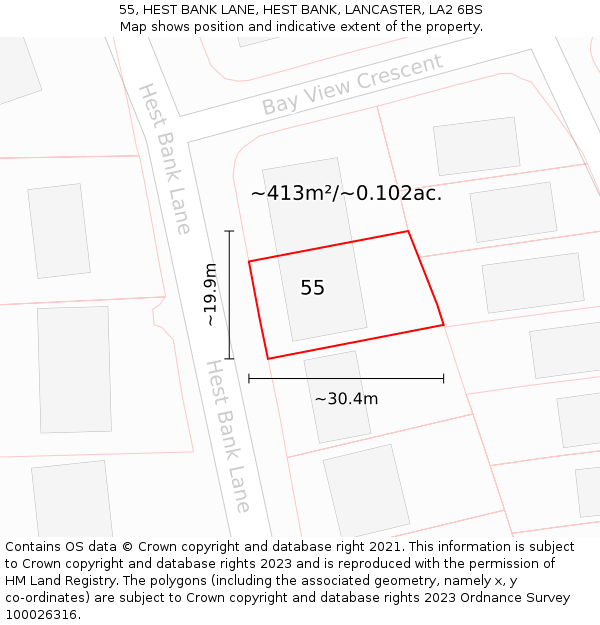 55, HEST BANK LANE, HEST BANK, LANCASTER, LA2 6BS: Plot and title map