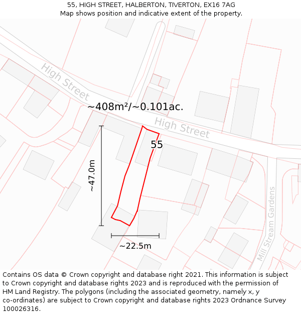55, HIGH STREET, HALBERTON, TIVERTON, EX16 7AG: Plot and title map