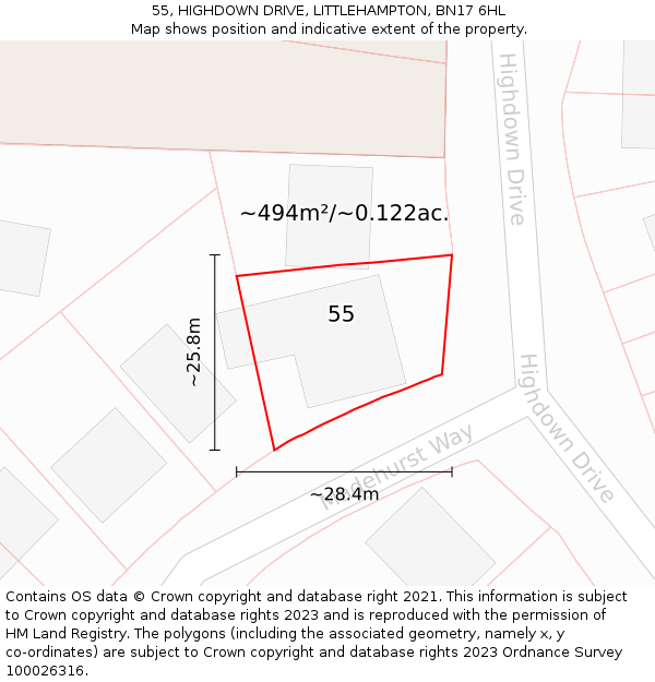55, HIGHDOWN DRIVE, LITTLEHAMPTON, BN17 6HL: Plot and title map