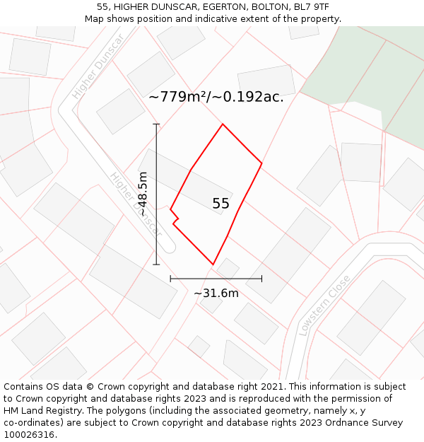 55, HIGHER DUNSCAR, EGERTON, BOLTON, BL7 9TF: Plot and title map