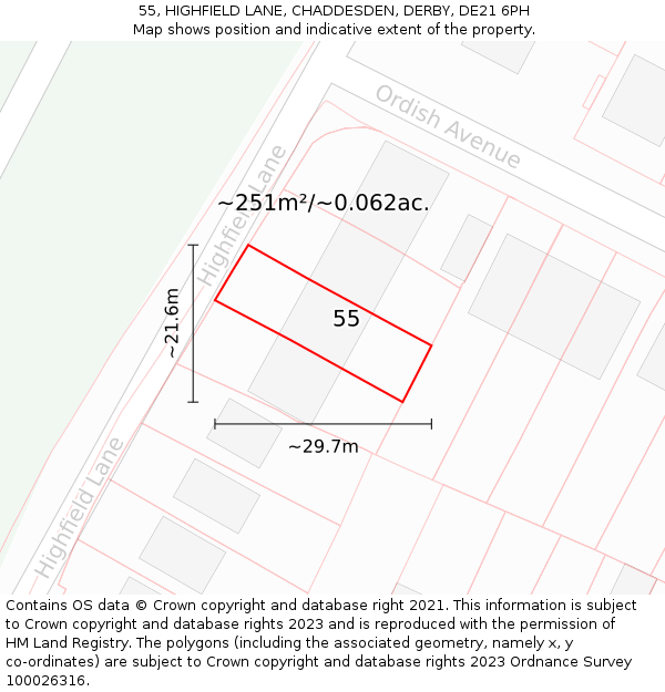 55, HIGHFIELD LANE, CHADDESDEN, DERBY, DE21 6PH: Plot and title map