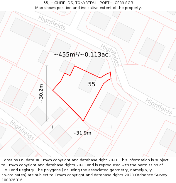55, HIGHFIELDS, TONYREFAIL, PORTH, CF39 8GB: Plot and title map
