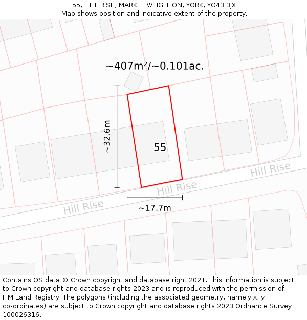 55, HILL RISE, MARKET WEIGHTON, YORK, YO43 3JX: Plot and title map
