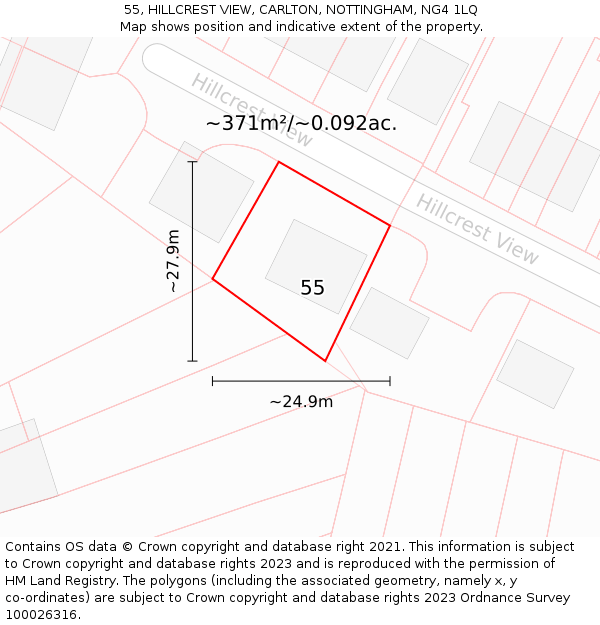 55, HILLCREST VIEW, CARLTON, NOTTINGHAM, NG4 1LQ: Plot and title map