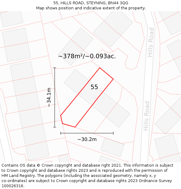 55, HILLS ROAD, STEYNING, BN44 3QG: Plot and title map