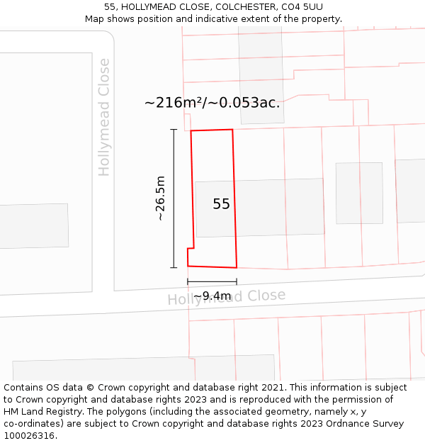 55, HOLLYMEAD CLOSE, COLCHESTER, CO4 5UU: Plot and title map