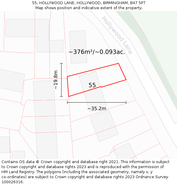 55, HOLLYWOOD LANE, HOLLYWOOD, BIRMINGHAM, B47 5PT: Plot and title map
