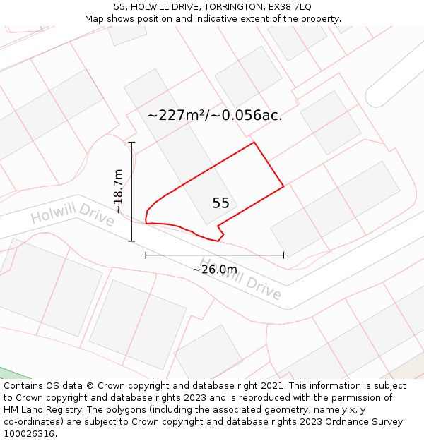 55, HOLWILL DRIVE, TORRINGTON, EX38 7LQ: Plot and title map