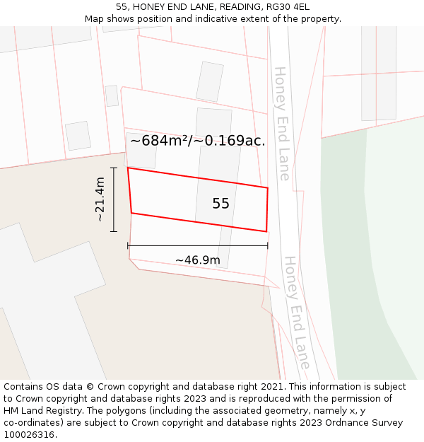 55, HONEY END LANE, READING, RG30 4EL: Plot and title map