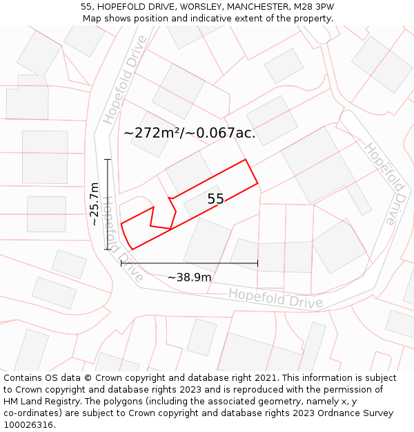 55, HOPEFOLD DRIVE, WORSLEY, MANCHESTER, M28 3PW: Plot and title map