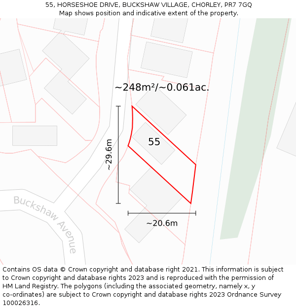 55, HORSESHOE DRIVE, BUCKSHAW VILLAGE, CHORLEY, PR7 7GQ: Plot and title map