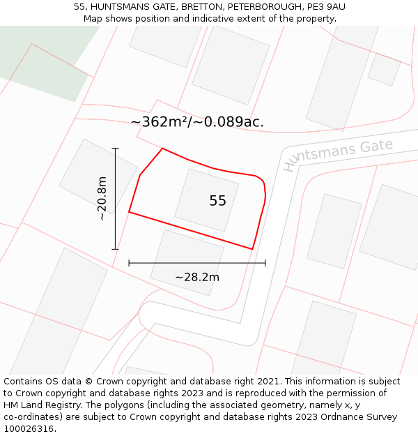55, HUNTSMANS GATE, BRETTON, PETERBOROUGH, PE3 9AU: Plot and title map