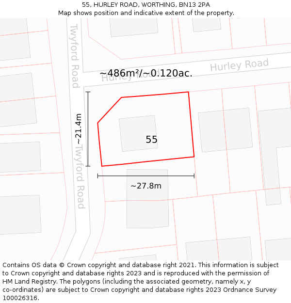 55, HURLEY ROAD, WORTHING, BN13 2PA: Plot and title map