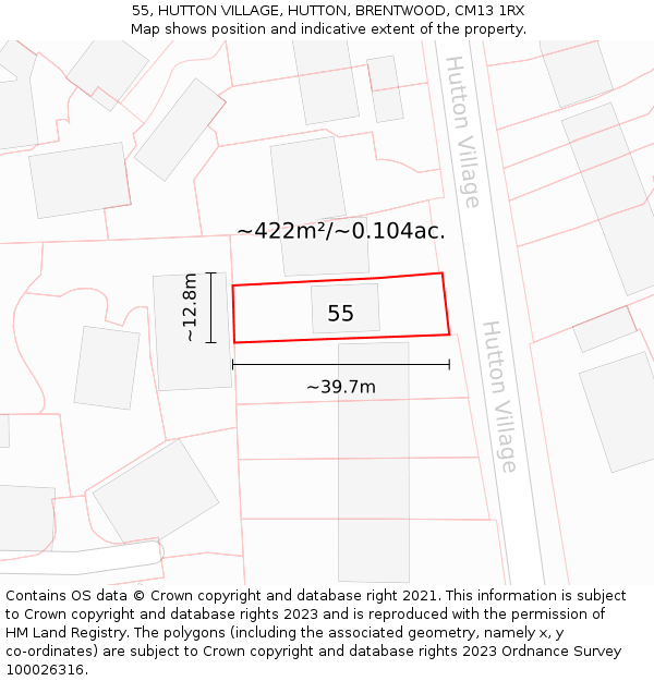 55, HUTTON VILLAGE, HUTTON, BRENTWOOD, CM13 1RX: Plot and title map