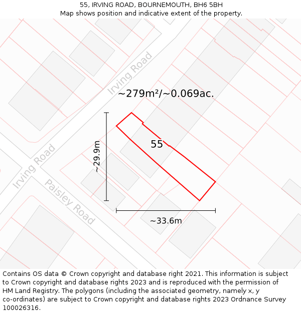 55, IRVING ROAD, BOURNEMOUTH, BH6 5BH: Plot and title map