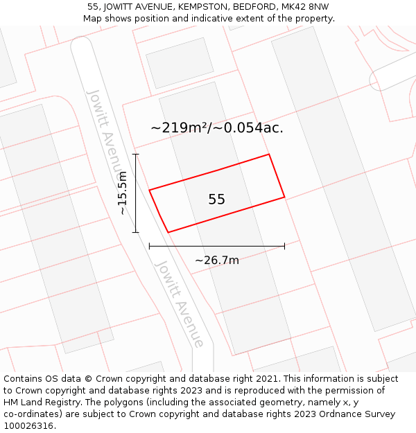 55, JOWITT AVENUE, KEMPSTON, BEDFORD, MK42 8NW: Plot and title map