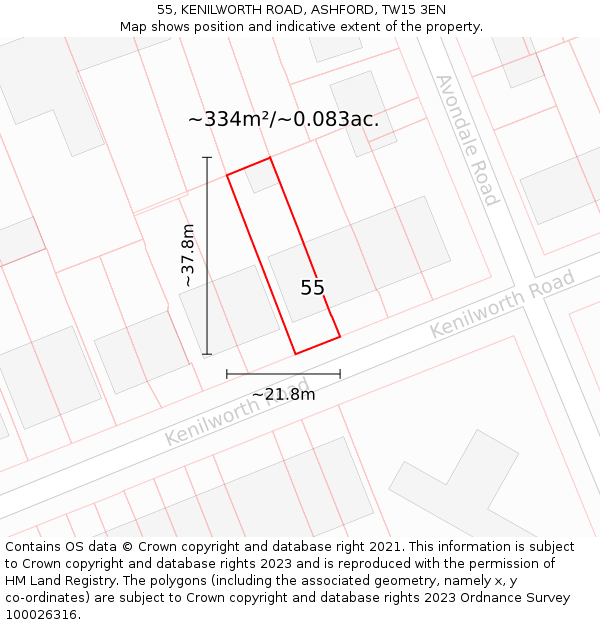55, KENILWORTH ROAD, ASHFORD, TW15 3EN: Plot and title map