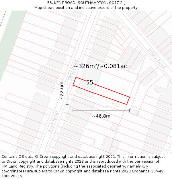 55, KENT ROAD, SOUTHAMPTON, SO17 2LJ: Plot and title map