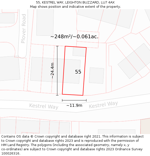 55, KESTREL WAY, LEIGHTON BUZZARD, LU7 4AX: Plot and title map