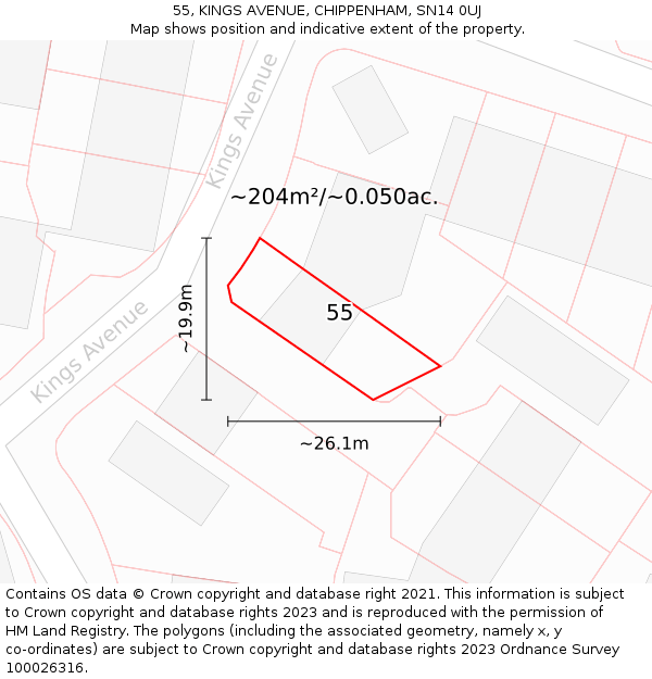 55, KINGS AVENUE, CHIPPENHAM, SN14 0UJ: Plot and title map