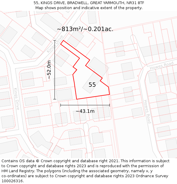 55, KINGS DRIVE, BRADWELL, GREAT YARMOUTH, NR31 8TF: Plot and title map
