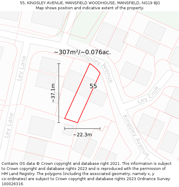 55, KINGSLEY AVENUE, MANSFIELD WOODHOUSE, MANSFIELD, NG19 8JG: Plot and title map