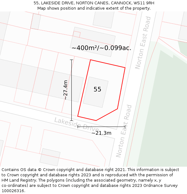 55, LAKESIDE DRIVE, NORTON CANES, CANNOCK, WS11 9RH: Plot and title map