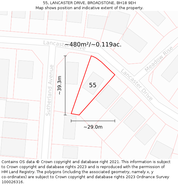 55, LANCASTER DRIVE, BROADSTONE, BH18 9EH: Plot and title map