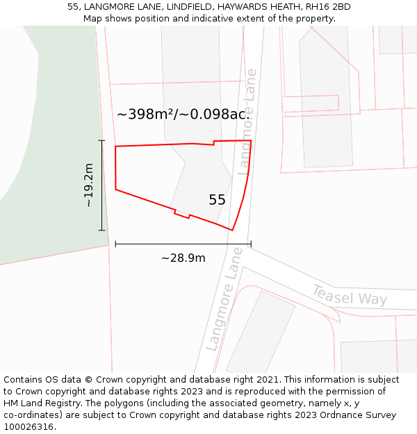55, LANGMORE LANE, LINDFIELD, HAYWARDS HEATH, RH16 2BD: Plot and title map