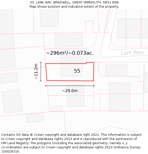 55, LARK WAY, BRADWELL, GREAT YARMOUTH, NR31 8SB: Plot and title map