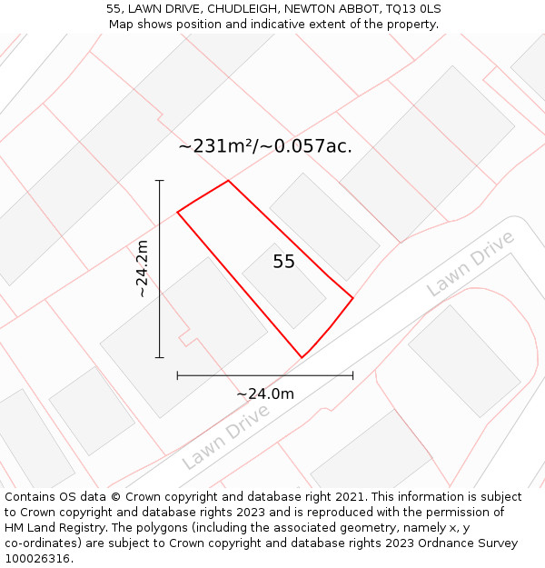 55, LAWN DRIVE, CHUDLEIGH, NEWTON ABBOT, TQ13 0LS: Plot and title map