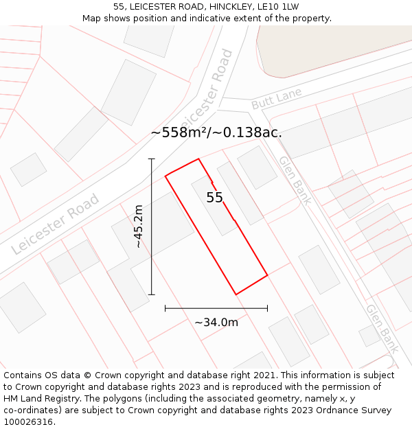 55, LEICESTER ROAD, HINCKLEY, LE10 1LW: Plot and title map