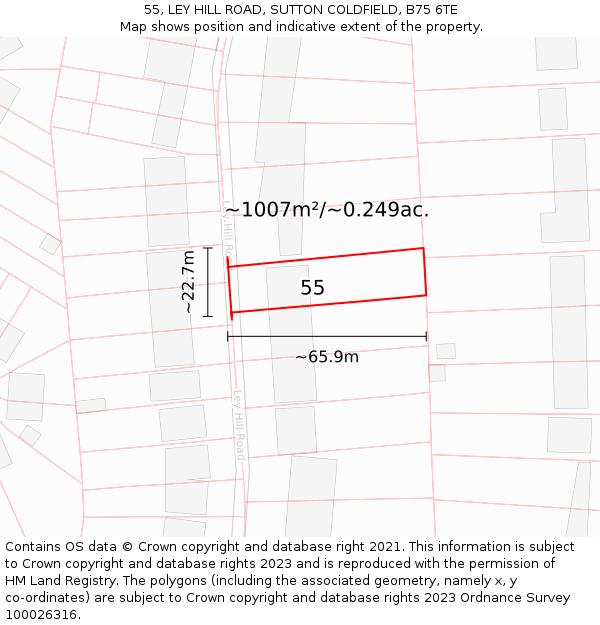 55, LEY HILL ROAD, SUTTON COLDFIELD, B75 6TE: Plot and title map