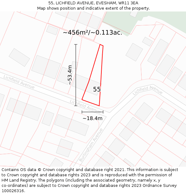 55, LICHFIELD AVENUE, EVESHAM, WR11 3EA: Plot and title map