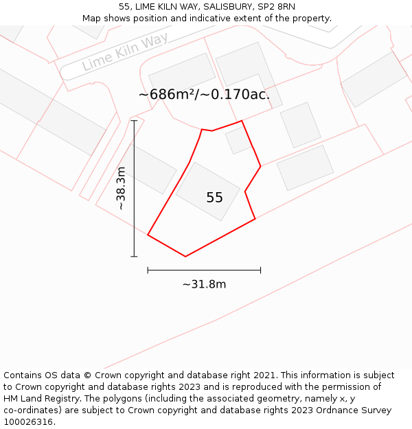 55, LIME KILN WAY, SALISBURY, SP2 8RN: Plot and title map