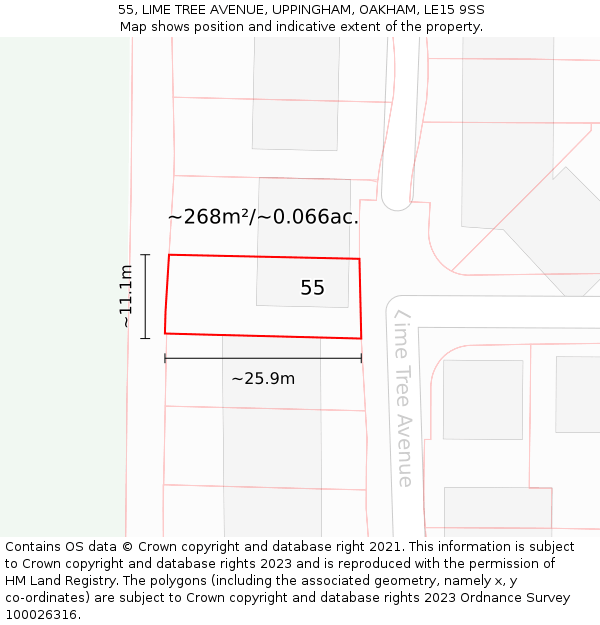 55, LIME TREE AVENUE, UPPINGHAM, OAKHAM, LE15 9SS: Plot and title map