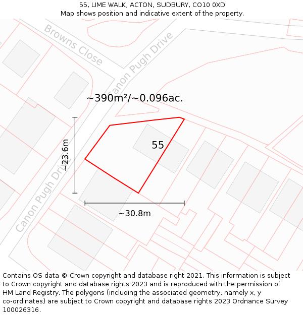 55, LIME WALK, ACTON, SUDBURY, CO10 0XD: Plot and title map
