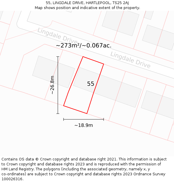 55, LINGDALE DRIVE, HARTLEPOOL, TS25 2AJ: Plot and title map