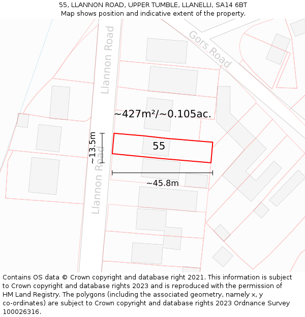 55, LLANNON ROAD, UPPER TUMBLE, LLANELLI, SA14 6BT: Plot and title map
