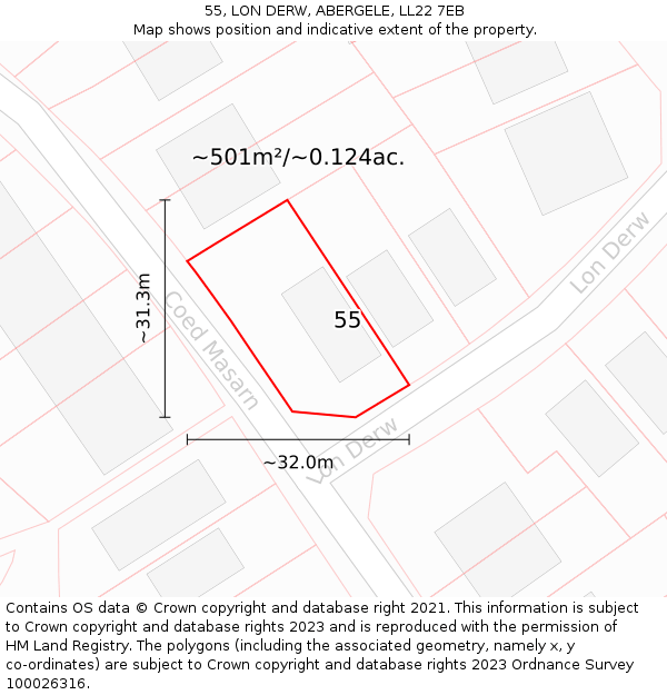 55, LON DERW, ABERGELE, LL22 7EB: Plot and title map