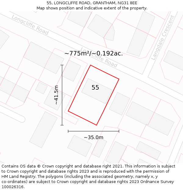 55, LONGCLIFFE ROAD, GRANTHAM, NG31 8EE: Plot and title map