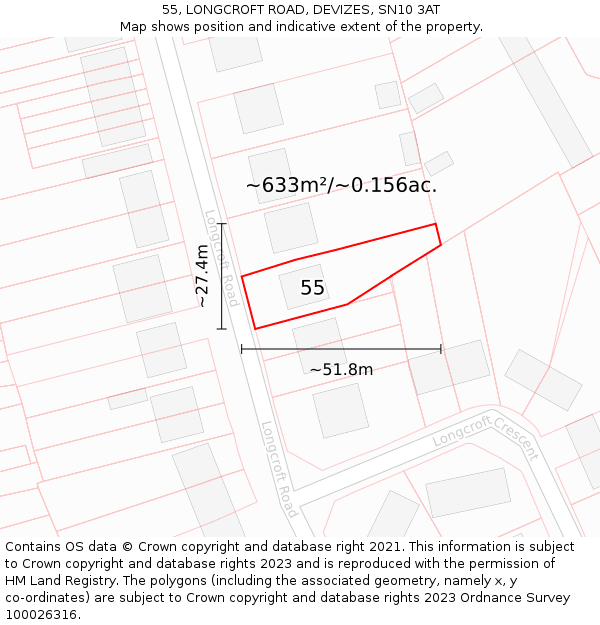 55, LONGCROFT ROAD, DEVIZES, SN10 3AT: Plot and title map