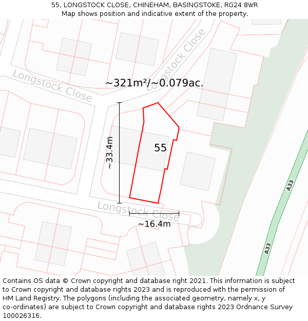 55, LONGSTOCK CLOSE, CHINEHAM, BASINGSTOKE, RG24 8WR: Plot and title map