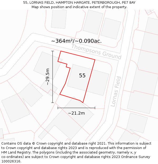 55, LORNAS FIELD, HAMPTON HARGATE, PETERBOROUGH, PE7 8AY: Plot and title map